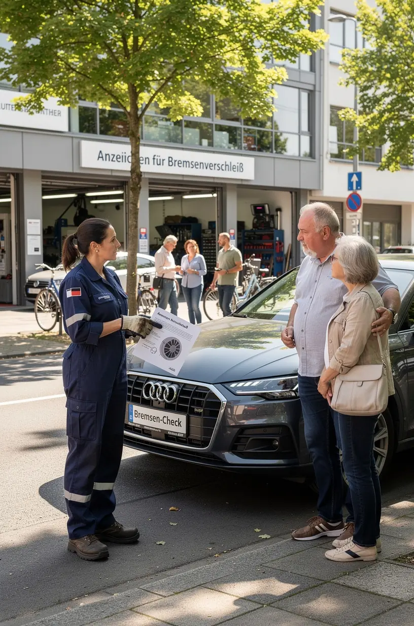 Mechaniker überprüft Fahrzeugbremsen bei einem Auto in einer deutschen Werkstatt
